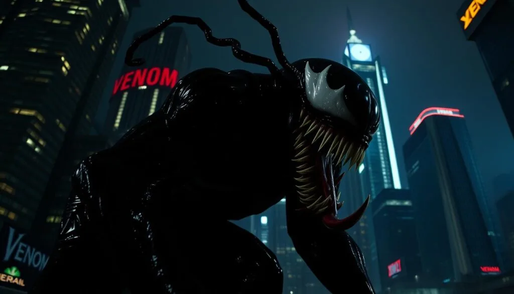 Cinematic scenes of Venom: A dark, gritty cityscape at night, with towering skyscrapers and neon lights casting an eerie glow. In the foreground, Venom emerges from the shadows, its alien symbiote form undulating with malevolent energy. The camera angles shift between low, dramatic perspectives and tight, intense close-ups, capturing the predatory movement of the creature as it stalks its prey. Dramatic chiaroscuro lighting creates deep shadows and highlights the contrast between Venom's pitch-black exterior and the sharp white fangs and eyes. An ominous, pulsing soundtrack underscores the tension and menace of the scene, as Venom prepares to strike.