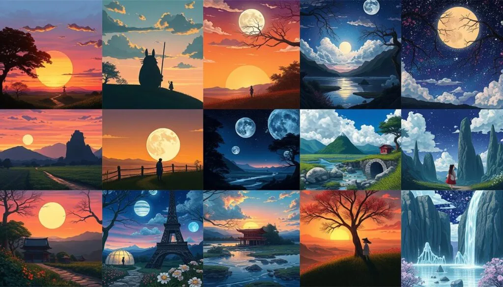 Collage final mostrando diversas imágenes estilo Studio Ghibli generadas con los prompts del artículo Collage final mostrando diversas imágenes estilo Studio Ghibli generadas con los prompts del artículo