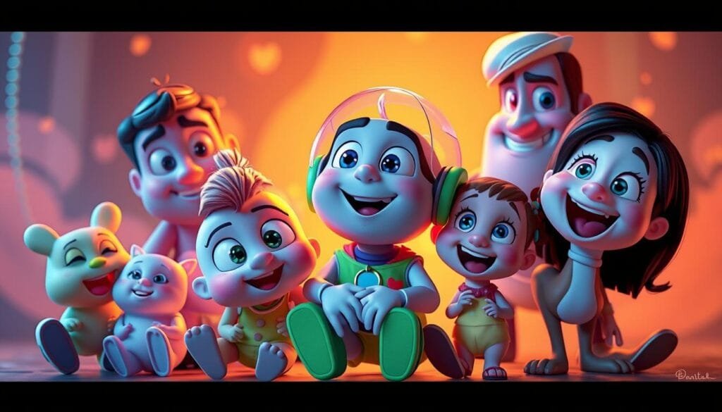 Colorful and whimsical cartoon characters in the signature Pixar style, positioned artfully in a dynamic composition. Warm, soft lighting accentuates their expressive features and charming personalities. The characters are rendered with a stylized, exaggerated aesthetic, capturing the enchanting essence of Pixar's beloved creations. A playful, imaginative atmosphere pervades the scene, inviting the viewer to step into the vibrant, emotive world of these beloved characters. Subtle, abstract background elements complement the foreground figures, creating visual depth and a sense of wonder. The overall image exudes the heartwarming, family-friendly spirit that defines the iconic Pixar aesthetic. Colorful and whimsical cartoon characters in the signature Pixar style, positioned artfully in a dynamic composition. Warm, soft lighting accentuates their expressive features and charming personalities. The characters are rendered with a stylized, exaggerated aesthetic, capturing the enchanting essence of Pixar's beloved creations. A playful, imaginative atmosphere pervades the scene, inviting the viewer to step into the vibrant, emotive world of these beloved characters. Subtle, abstract background elements complement the foreground figures, creating visual depth and a sense of wonder. The overall image exudes the heartwarming, family-friendly spirit that defines the iconic Pixar aesthetic.