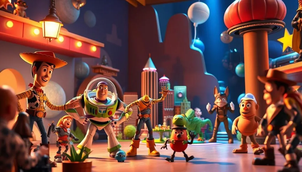 Crossovers de Toy Story: en un parque de juegos imaginario, un escenario de mezcla entre personajes de Toy Story y otras conocidas franquicias. En primer plano, Woody y Buzz Lightyear interactúan con figuras de acción de Marvel y DC Comics. En el centro, Forky y Rex exploran una ciudad en miniatura con rascacielos estilo Cyberpunk. Al fondo, Mr. Potato Head y Slinky Dog juegan en un paisaje futurista con elementos de Star Wars y Star Trek. La escena está iluminada por una luz cálida y dorada, con un ambiente de alegría y curiosidad. La cámara captura una imagen dinámica y llena de detalles, que refleja el espíritu de juego y la fusión creativa entre universos icónicos.