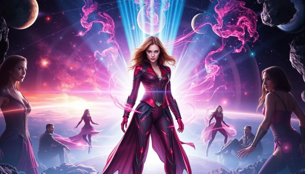 Crossovers of Scarlet Witch in an ethereal, multidimensional setting. Wanda Maximoff, her crimson energies swirling, stands at the center of a shimmering portal, her gaze intense. Around her, fragments of other realities - glimpses of alternate Wandas, their powers intertwining. In the background, a kaleidoscope of cosmic landscapes, nebulae, and celestial bodies. Lighting is dramatic, with beams of light piercing through the dimensional rifts. The composition is dynamic, with Wanda as the focal point, surrounded by the mystical convergence of her parallel selves. An atmosphere of wonder, power, and the boundless potential of the multiverse.