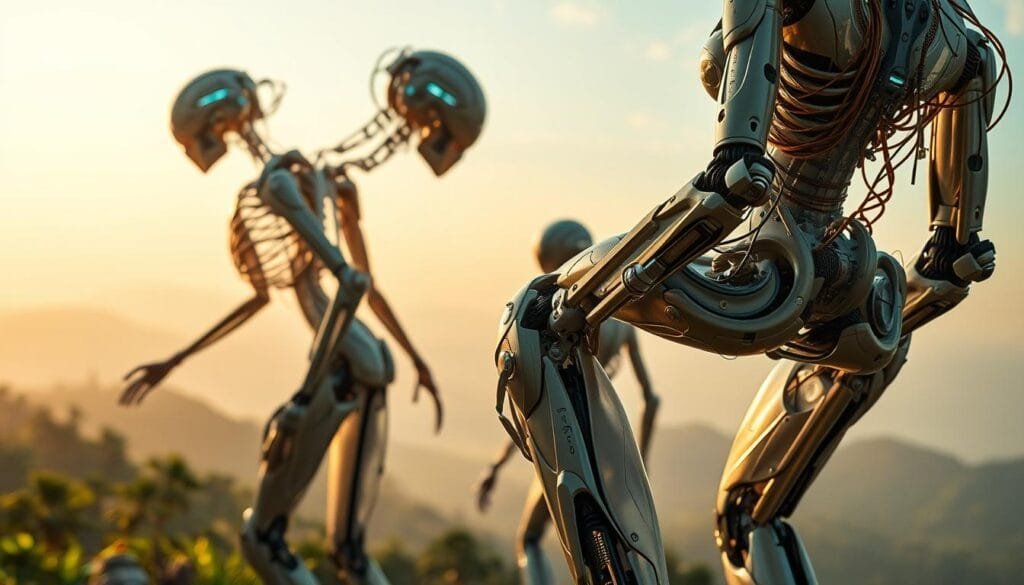 Cyborgs biomecánicos: a captivating fusion of organic and technological elements. In the foreground, cybernetic limbs and exoskeletal frames seamlessly integrate with lithe, natural forms. Intricate machinery and glowing circuitry emerge from beneath supple, bionic skin. In the middle ground, translucent membranes and pulsing veins hint at the symbiotic relationship between flesh and machine. The background is a dreamscape of lush, verdant landscapes, hinting at the harmonious coexistence of the natural and the artificial. Warm, diffused lighting casts a soft, ethereal glow, evoking a sense of wonder and tranquility. Shoot with a wide-angle lens to capture the grandeur and scope of this organic-technological fusion. Cyborgs biomecánicos: a captivating fusion of organic and technological elements. In the foreground, cybernetic limbs and exoskeletal frames seamlessly integrate with lithe, natural forms. Intricate machinery and glowing circuitry emerge from beneath supple, bionic skin. In the middle ground, translucent membranes and pulsing veins hint at the symbiotic relationship between flesh and machine. The background is a dreamscape of lush, verdant landscapes, hinting at the harmonious coexistence of the natural and the artificial. Warm, diffused lighting casts a soft, ethereal glow, evoking a sense of wonder and tranquility. Shoot with a wide-angle lens to capture the grandeur and scope of this organic-technological fusion.