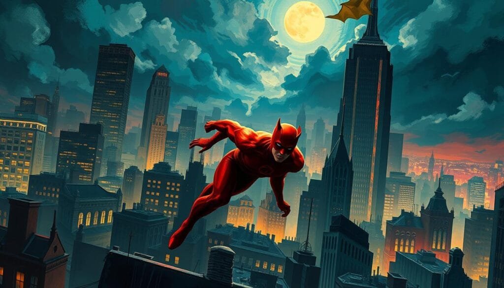 Daredevil, the crimson-clad vigilante, in a vivid array of artistic styles. A dynamic figure in the foreground, his form flickering with energy and grace as he leaps across rooftops. Surrounding him, a kaleidoscope of artistic expressions - cubist cityscapes, impressionistic night skies, expressionist shadows, and surrealist dreamscapes. The lighting shifts from harsh chiaroscuro to ethereal, diffused illumination, capturing the character's daring exploits in a range of visual languages. An atmosphere of mystery, danger, and heroism permeates the scene, inviting the viewer to explore Daredevil's world through the lens of diverse artistic styles.