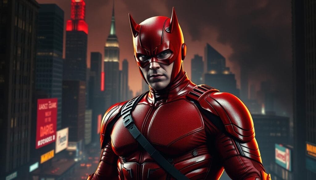 Daredevil, the crimson-clad vigilante, stands resolute in a gritty, neon-soaked cityscape. Intricate details of his armored suit and chiseled features are rendered with photorealistic precision. Dramatic backlighting casts a moody, cinematic atmosphere, while his intense expression conveys unwavering determination. The bustling metropolis recedes into the background, its towering skyscrapers and billowing smoke creating a sense of scale and urban decay. Vibrant hues of red and orange predominate, reflecting the hero's fiery dedication to justice. The composition emphasizes Daredevil's powerful, imposing presence, capturing the essence of this iconic Marvel character.