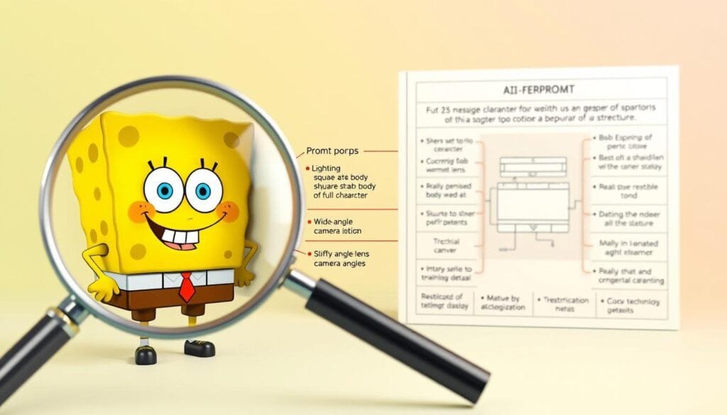 Detailed 3D illustration of the structure of a prompt for generating an image of the cartoon character Bob Esponja (SpongeBob SquarePants). In the foreground, a magnifying glass examines a series of layered prompt elements, including a detailed description of Bob Esponja's iconic square-shaped body, yellow color, and whimsical facial features. The middle ground depicts the technical aspects of the prompt, such as lighting set to a warm, vibrant tone, a wide-angle lens to capture the full character, and a slightly elevated camera angle to create an authoritative, instructional perspective. In the background, a blueprint-style diagram outlines the key components of an effective prompt, including specificity, organization, technical details, mood, and focus. The overall scene conveys a sense of exploration, education, and the craftsmanship involved in generating a compelling AI-rendered image of the beloved cartoon character.