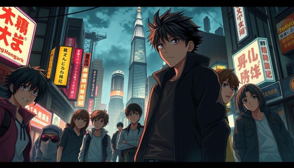 Detailed anime-style digital artwork depicting the characters and world of Tokyo Revengers, generated by AI. Vibrant colors, dynamic poses, and gritty urban setting. Foreground features the main character Takemichi Hanagaki in the center, surrounded by his delinquent friends. Middle ground showcases the cityscape of Tokyo, with tall skyscrapers and neon signs. Background has moody, atmospheric lighting casting dramatic shadows. Cel-shaded textures and smooth brushstrokes give the image an authentic anime aesthetic. The overall composition captures the rebellious spirit and high-stakes drama of the Tokyo Revengers story.