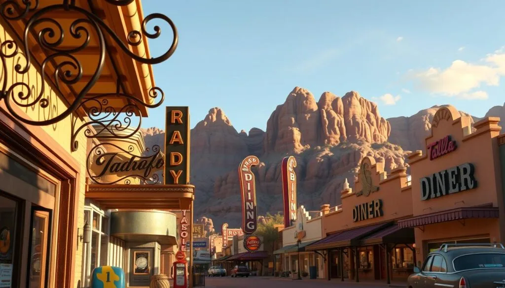 Detailed architectural elements of Radiator Springs, a quaint desert town inspired by the American Southwest. In the foreground, intricate wrought-iron details adorn the facades of vintage gas stations and diners, bathed in warm, golden sunlight. The middle ground features towering neon signs and vintage Cadillac tail fins peeking out from behind adobe walls. In the background, rugged sandstone cliffs and a cloudless azure sky create a timeless, cinematic atmosphere. A wide-angle lens captures the scene's depth and scale, showcasing the town's charming retro-futuristic aesthetic. The overall mood is nostalgic, whimsical, and quintessentially Americana. Detailed architectural elements of Radiator Springs, a quaint desert town inspired by the American Southwest. In the foreground, intricate wrought-iron details adorn the facades of vintage gas stations and diners, bathed in warm, golden sunlight. The middle ground features towering neon signs and vintage Cadillac tail fins peeking out from behind adobe walls. In the background, rugged sandstone cliffs and a cloudless azure sky create a timeless, cinematic atmosphere. A wide-angle lens captures the scene's depth and scale, showcasing the town's charming retro-futuristic aesthetic. The overall mood is nostalgic, whimsical, and quintessentially Americana.