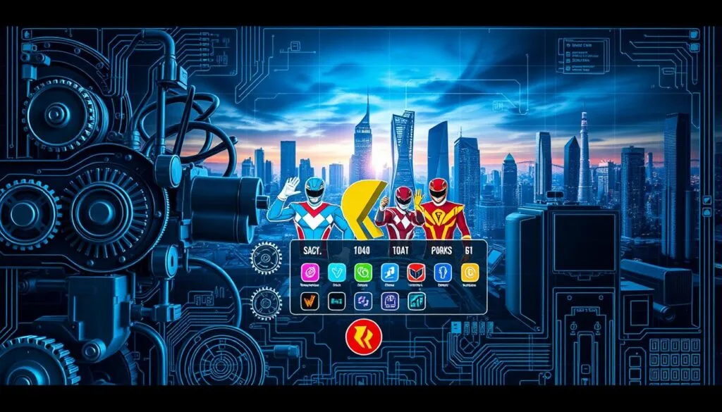 Detailed blueprint of a Power Rangers character grid, featuring intricate mechanical gears, circuits, and wiring in the foreground. In the middle ground, bold color-coded icons representing the distinct Power Rangers uniforms and emblems. The background showcases a futuristic cityscape with skyscrapers and a vibrant night sky. Dramatic high-contrast lighting, with cool tones and a sense of technological sophistication. Cinematic, detailed, and visually striking composition.