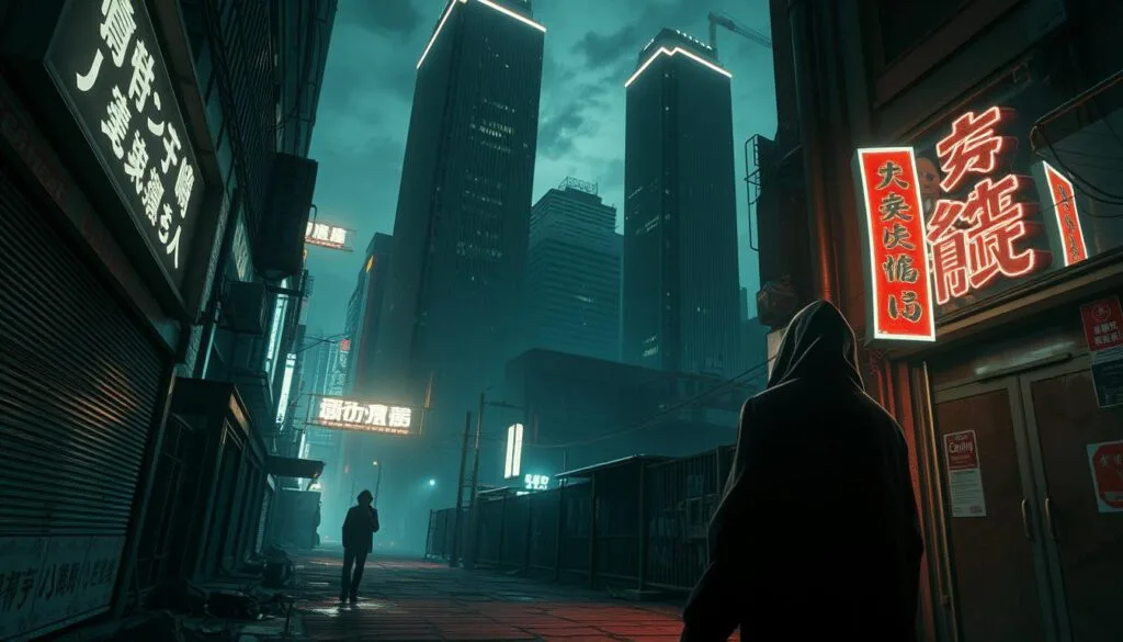 Detailed cinematic scene of a futuristic Tokyo Ghoul dystopia. Dark, brooding atmosphere with a sense of impending danger. Towering skyscrapers in the background, their sharp angles and reflective surfaces casting an ominous glow. In the foreground, a dilapidated alleyway illuminated by flickering neon signs, casting an eerie hue over the cracked pavement. Mysterious hooded figures lurk in the shadows, their faces obscured, hinting at the sinister underbelly of the city. Dramatic high-contrast lighting, creating deep shadows and highlights that emphasize the ominous mood. A moody, cinematic composition that captures the tense, suspenseful atmosphere of the Tokyo Ghoul universe.