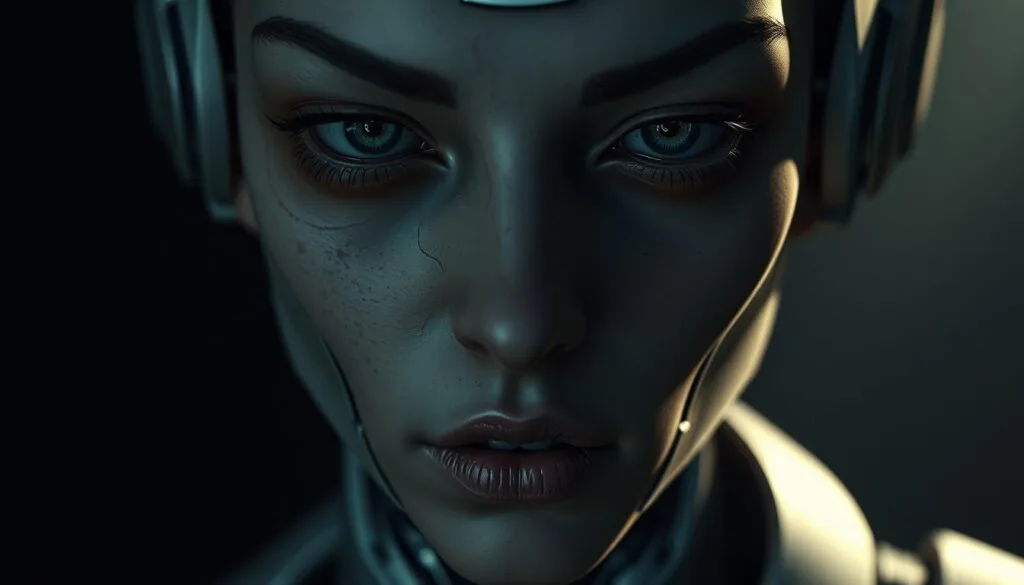 Detailed close-up portrait of a partially-formed AI character, with visual continuity errors and glitches in the facial features and body. Unnatural, unsettling expression with piercing, misaligned eyes and distorted, asymmetrical facial structure. Unfinished, fragmented appearance, as if the rendering process was interrupted. Muted, moody lighting casting dramatic shadows, enhancing the sense of unease. Tight framing and shallow depth of field, putting the flaws and imperfections of the character design in sharp focus. Gritty, digital texture and artifacts throughout, emphasizing the artificial, machine-generated nature of the image.