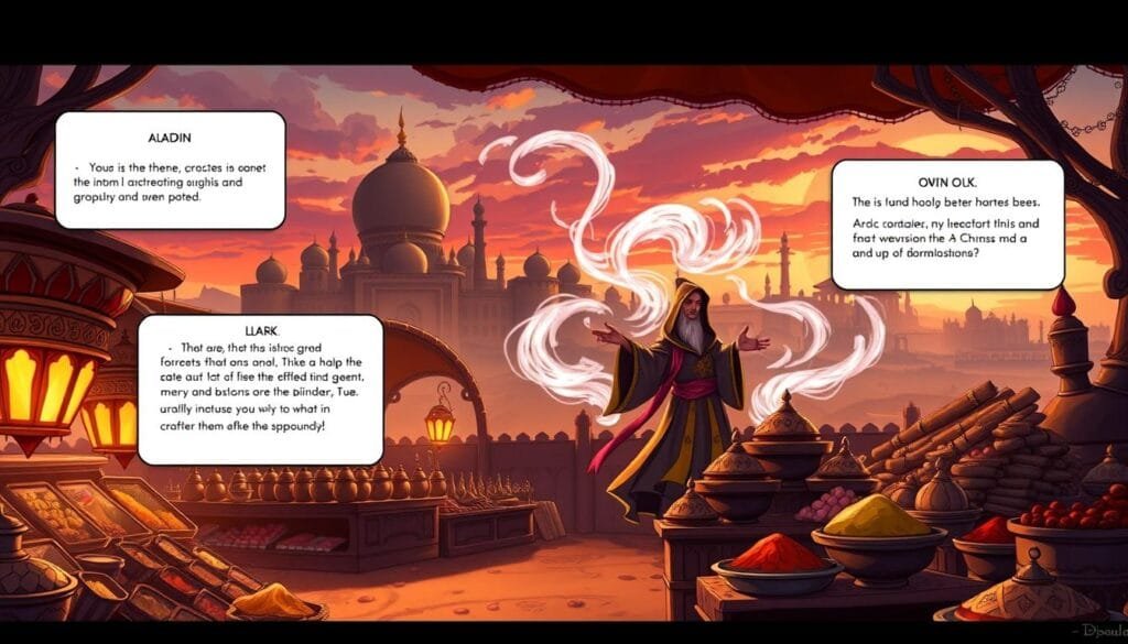 Detailed digital illustration depicting advanced tips for crafting Aladdin-themed prompts. Vibrant, richly textured fantasy setting with a bustling market stall in the foreground, filled with ornate lanterns, piles of spices, and exotic trinkets. In the middle ground, a robed sorcerer gestures dramatically, surrounded by swirling magical energy. The background features the iconic Agrabah skyline with domed palaces and minarets silhouetted against a dramatic sunset sky. Warm, saturated color palette evokes the heat and mystery of the Arabian desert. Cinematic, high-resolution illustration with a sense of depth and grandeur suitable for a double-page magazine spread.