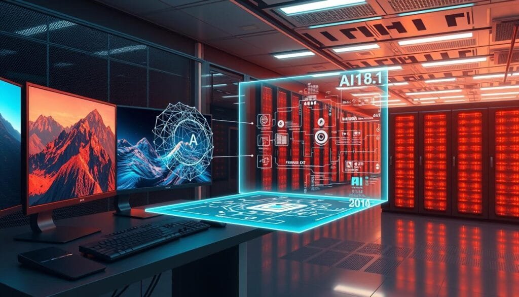 Detailed digital illustration of "Generadores de Imágenes con IA", showcasing a futuristic AI-powered image generation system. In the foreground, a sleek, modern workstation with multiple high-resolution displays showcasing vivid, hyper-realistic images. The middle ground features a holographic visualization of the underlying AI algorithms, with complex neural networks and data flow diagrams. In the background, a vast server room with rows of powerful GPUs and cooling systems, bathed in a warm, techno-futuristic glow. The overall scene conveys a sense of innovation, technological advancement, and the seamless integration of AI in the creative process. Crisp, cinematic lighting, and a smooth, polished aesthetic.