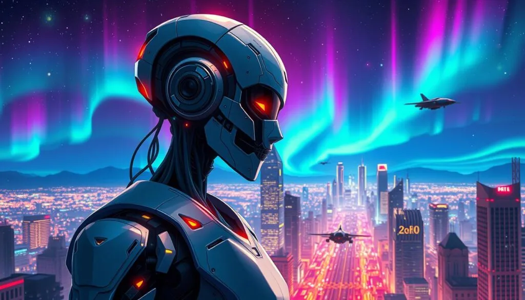 Detailed digital illustration of an anime-inspired artificial intelligence, with a sleek, futuristic aesthetic. The AI figure is positioned prominently in the foreground, adorned with intricate mechanical details and glowing neon accents. In the middle ground, a vibrant, colorful cityscape with skyscrapers and hovering vehicles creates an immersive cyberpunk atmosphere. The background features a starry night sky, with Aurora Borealis-like lights dancing across the horizon, evoking a sense of wonder and technological advancement. Dramatic cinematic lighting casts dramatic shadows and highlights the AI's form, creating a captivating and visually striking composition.