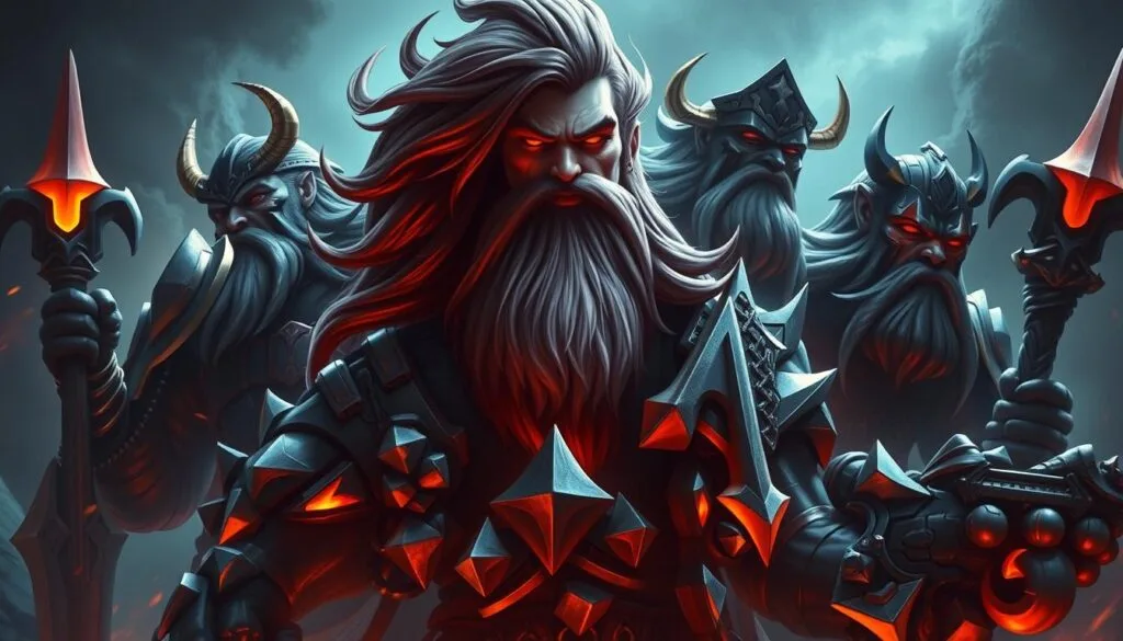Detailed, epic portraits of League of Legends champions, with dramatic lighting and cinematic compositions. Powerful, larger-than-life figures standing tall, their armor and weaponry gleaming. Intricate, photorealistic details of facial features, expressions, and battle-worn textures. A sense of motion and energy, as if these champions are moments away from springing into action. Vibrant colors, deep shadows, and a moody, atmospheric backdrop that heightens the sense of grandeur and heroism. Shot with a wide-angle lens to accentuate the scale and presence of these legendary warriors.