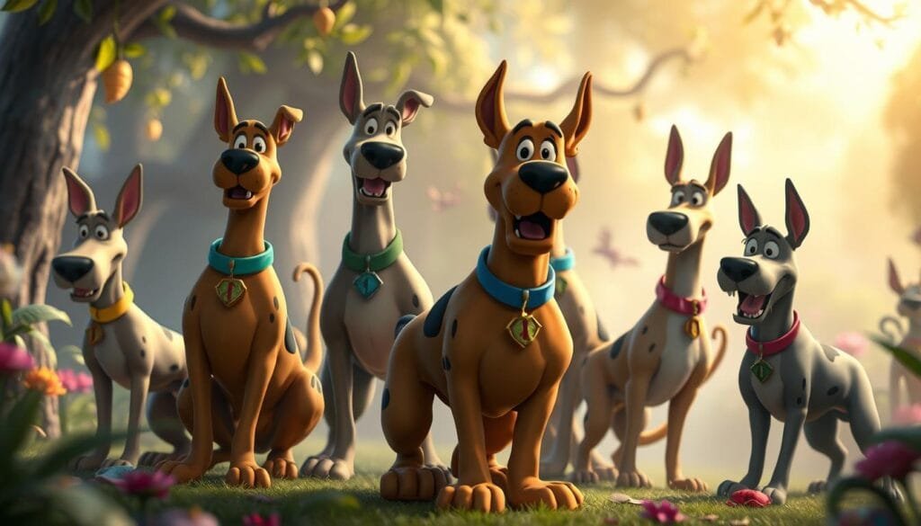 Detailed, high-quality rendering of various alternative Scooby-Doo character designs in a stylized, animated aesthetic. Unique interpretations of the iconic Great Dane, with diverse body shapes, colors, and accessories. Imaginative variations positioned in a vibrant, whimsical environment, perhaps a mystical forest or eccentric urban setting. Soft, diffuse lighting creating an ethereal, dreamlike atmosphere. Emphasis on visual creativity and playful experimentation, capturing the spirit of the beloved Scooby-Doo franchise through innovative character reimaginings.