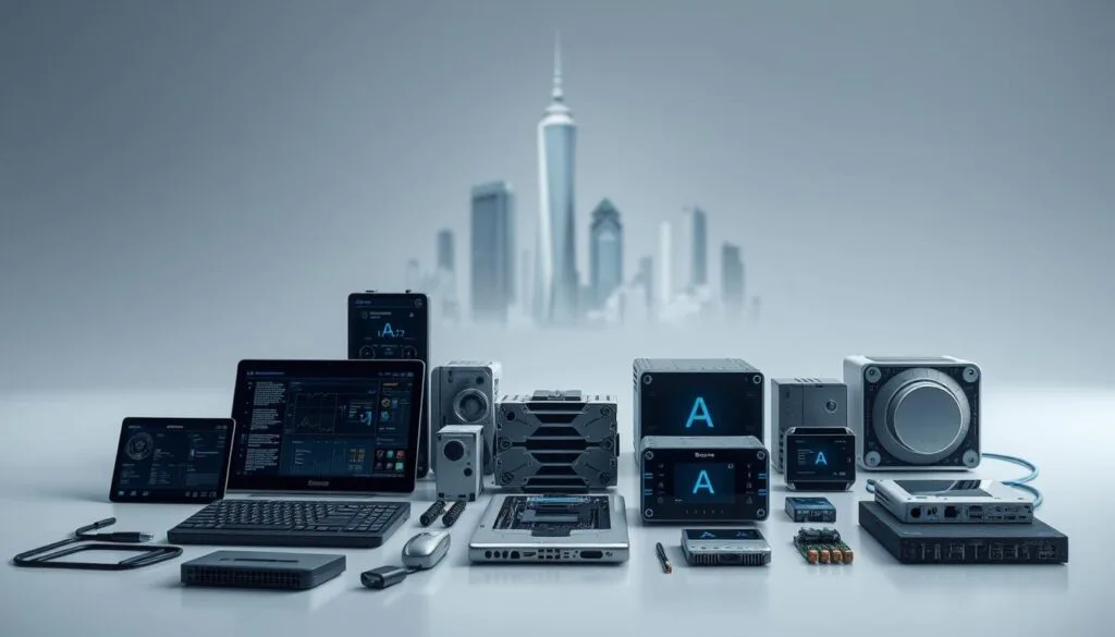 Detailed, high-resolution rendering of AI tools for Blue Lock, set against a sleek, minimalist backdrop. In the foreground, an array of advanced AI interfaces and software components, each element precisely crafted to convey their unique capabilities. In the middle ground, a collection of cutting-edge hardware devices, their metallic surfaces gleaming under carefully angled studio lighting. In the background, a softly blurred cityscape, hinting at the broader technological landscape that enables these powerful AI tools. An overall tone of sophistication, innovation, and the creative potential of AI-driven image generation for the world of Blue Lock.