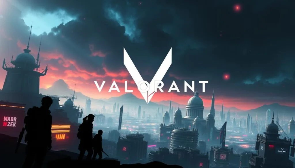 Detailed, high-resolution wallpaper featuring the Valorant game universe. In the foreground, the iconic Valorant logo and character silhouettes, rendered in a sleek, minimalist style with dynamic lighting and depth of field. The middle ground showcases detailed, futuristic cityscapes with Valorant-themed architecture, neon accents, and atmospheric haze. The background layers include dramatic skies with moody, saturated colors, complemented by subtle particle effects and lens flares. The overall composition is balanced, visually striking, and evocative of the game's cyberpunk-inspired aesthetic and immersive world. Realistic textures, lighting, and attention to detail bring this Valorant-inspired wallpaper to life.