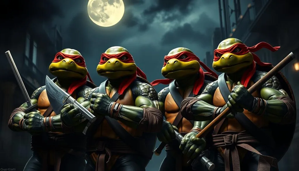 Detailed, hyper-realistic portrait of the four Teenage Mutant Ninja Turtles - Leonardo, Raphael, Donatello, and Michelangelo - in their iconic ninja gear. The turtles stand in a dramatic, dimly lit urban setting, with realistic textures, muscles, and facial features. Overhead, a full moon casts an eerie glow, while the turtles grip their signature weapons - katanas, sais, bo staff, and nunchucks - ready for action. The lighting creates deep shadows, emphasizing the turtles' intense, determined expressions as they prepare to face their enemies. The overall mood is dark, gritty, and realistic, capturing the essence of the Teenage Mutant Ninja Turtles in a mature, cinematic style.
