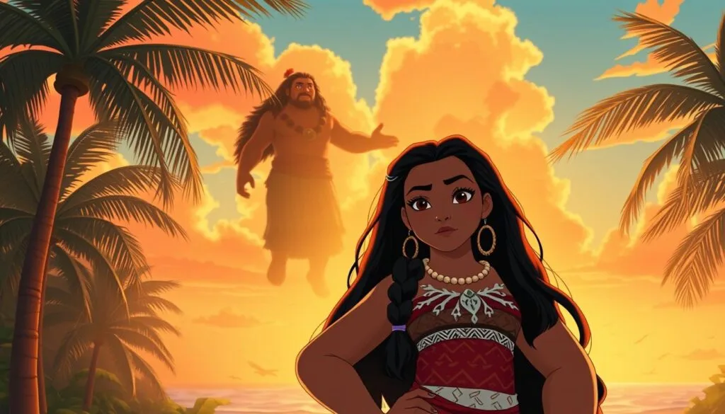 Detailed illustration of Moana and Maui from the Disney animated film, set against a lush, tropical background with swaying palm trees and a vibrant, sunset-colored sky. Moana stands in the foreground, her expression thoughtful and introspective, as Maui hovers behind her in spirit form. The scene conveys a sense of ethical contemplation and legal considerations surrounding the use of AI to generate images of this beloved cultural property. Warm, soft lighting bathes the scene, evoking a pensive, reflective mood. The overall composition and tonality suggest the complex issues surrounding the responsible and respectful deployment of AI in creative works. Detailed illustration of Moana and Maui from the Disney animated film, set against a lush, tropical background with swaying palm trees and a vibrant, sunset-colored sky. Moana stands in the foreground, her expression thoughtful and introspective, as Maui hovers behind her in spirit form. The scene conveys a sense of ethical contemplation and legal considerations surrounding the use of AI to generate images of this beloved cultural property. Warm, soft lighting bathes the scene, evoking a pensive, reflective mood. The overall composition and tonality suggest the complex issues surrounding the responsible and respectful deployment of AI in creative works.