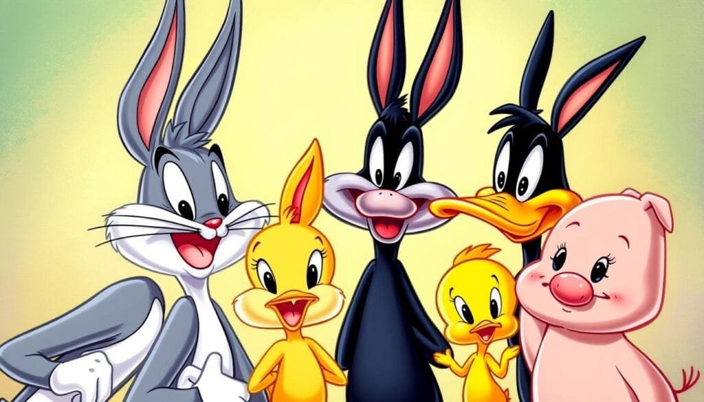 Detailed portrait of classic Looney Tunes characters gathered in a vibrant, animated setting. Iconic figures like Bugs Bunny, Daffy Duck, Porky Pig, and Tweety Bird posed in a whimsical, hand-drawn style against a colorful background evoking the vintage Warner Bros. cartoons. Soft lighting casts a warm, nostalgic glow, with a focus on the characters' expressive features and playful interactions. Emphasis on the timeless appeal and creative spirit of these beloved cartoon stars, capturing the magic and imagination of the Looney Tunes universe.