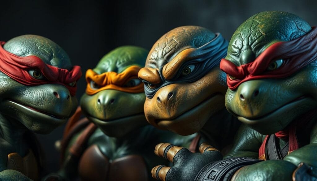 Detailed portrait of the four individual Teenage Mutant Ninja Turtles, rendered in a hyper-realistic, cinematic style. Raphael, Donatello, Michelangelo, and Leonardo, each in their signature colors, shown in close-up with intricate textures, expressive features, and dynamic lighting. Turtles posed against a dark, moody background with dramatic shadows and highlights, conveying their unique personalities and combat-ready stances. High-resolution, photographic quality, capturing the turtles' heroic essence with exceptional clarity and detail.