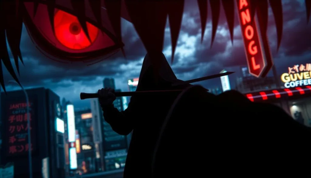Detailed prompt techniques for creating Tokyo Ghoul-inspired AI art. In the foreground, a realistic close-up of a ghoul's piercing red eyes, reflecting the eerie, haunting atmosphere of the anime. In the middle ground, a shadowy figure wielding a kagune, the organic weapon unique to ghouls, poised to strike. The background features a blurred, neon-lit cityscape of Tokyo, with ominous clouds overhead and a subtle hint of the Anteiku coffee shop in the distance. Dramatic, high-contrast lighting casts dramatic shadows, evoking the dark, gritty aesthetic of the series. Shoot with a wide-angle lens to capture the sense of scale and drama. The overall mood should be one of tension, danger, and the supernatural.