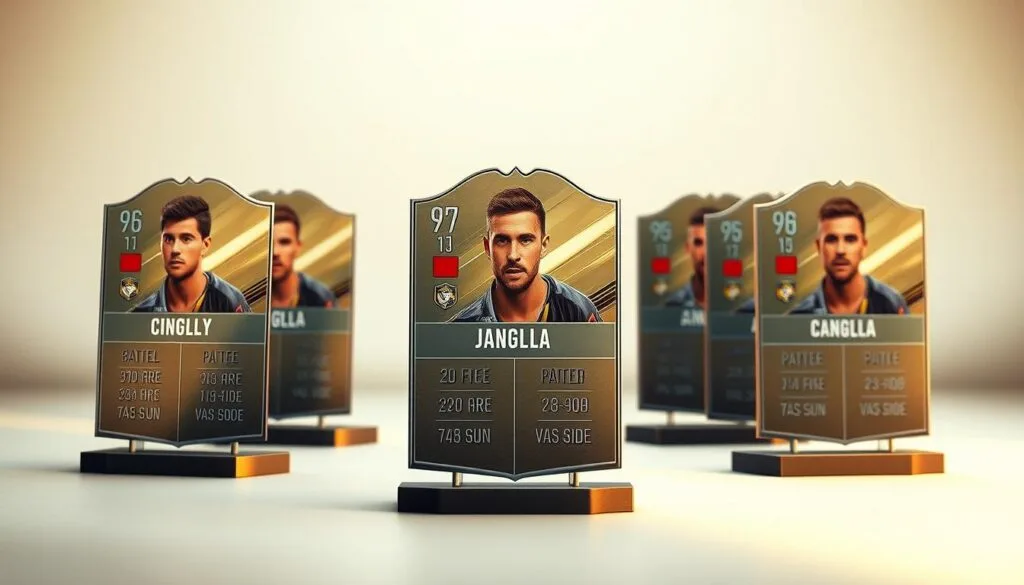 Detailed, realistic, customized FIFA Ultimate Team cards depicted in a high-resolution, studio-style photographic setting. The cards are prominently featured in the foreground, with a clean, neutral background that allows the cards to be the focal point. The cards display a range of player stats, attributes, and visuals, showcasing the level of personalization and customization possible. Warm, natural lighting casts subtle shadows, accentuating the depth and texture of the cards. The overall composition is balanced and visually appealing, creating a sense of professional-quality sports trading card artwork.