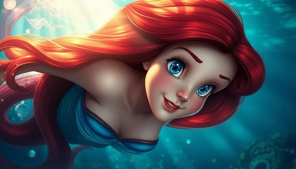 Detailed, realistic, photorealistic portrait of Ariel the mermaid, the main character from the fairy tale "The Little Mermaid". Ariel is depicted swimming underwater in a lush, vibrant ocean environment, with sunlight filtering through the water. Her face is expressive, with a gentle, serene expression. Her long, flowing red hair and delicate features are rendered with exceptional realism. The details of her mermaid tail, scales, and fins are highly detailed and believable. The lighting and water effects create a sense of depth and movement, making the scene feel immersive and lifelike. The overall mood is peaceful and dreamlike.