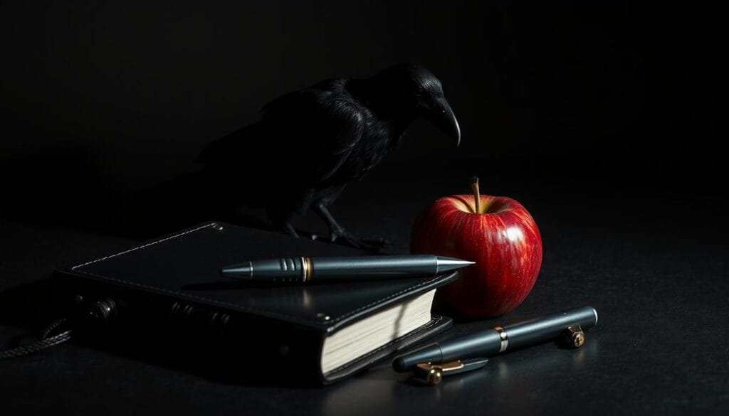 Detailed still life of iconic Death Note objects. A mesmerizing display of the death god's tools: a black leather-bound notebook, a glimmering silver pen, a single red apple, and a looming silhouette of a raven against a somber backdrop. Dramatic chiaroscuro lighting casts dramatic shadows, evoking a sense of mystery and foreboding. The objects are precisely arranged, each casting its own distinct presence. An eerie atmosphere permeates the scene, hinting at the supernatural power these items wield. A moody and atmospheric composition that captures the ominous essence of the Death Note universe.