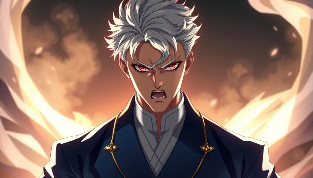 Diseño inspirado en Gojo Satoru, el poderoso y misterioso protagonista de Jujutsu Kaisen. Una figura imponente y elegante, envuelta en una aura de luz cálida y radiante. Sus ojos brillantes y penetrantes, enmarcados por un rostro sereno y confiado. Cabello blanco sedoso que se eleva con gracia, como si fuera acariciado por una brisa invisible. Un uniforme impecable de color azul oscuro, con detalles en dorado que evocan su rango y habilidades únicas. Fondo difuminado en tonos suaves, destacando la presencia dominante del personaje. Ambiente sofisticado y sobrenatural, que transmite la fuerza y el misticismo que rodea a este emblemático personaje de anime.