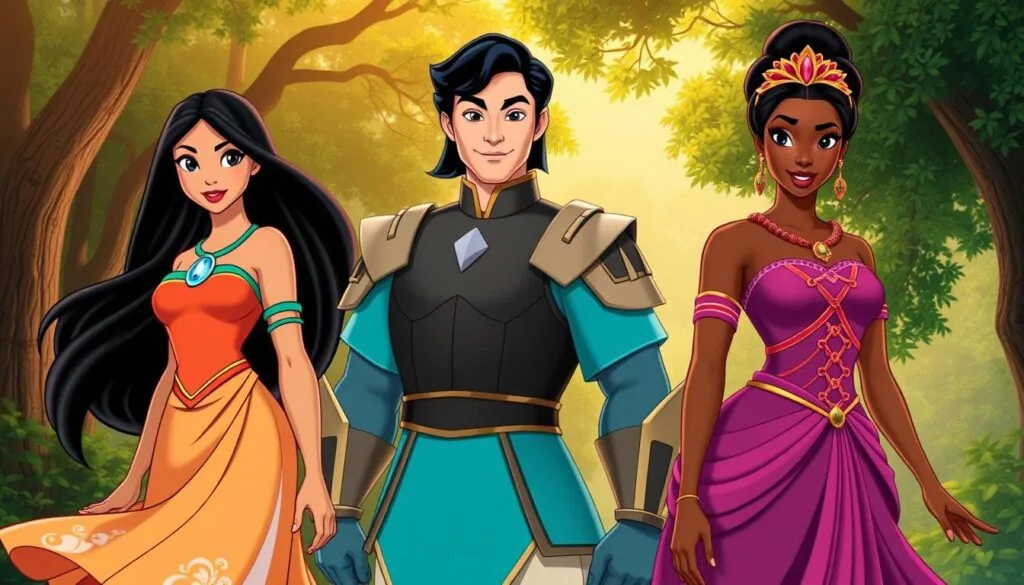 Diverse Disney Princesses, captured in a harmonious ensemble. Pocahontas, Mulan, and Tiana, each radiating their unique cultural heritage and inner strength. Pocahontas, in flowing indigenous attire, stands tall amidst a lush, verdant forest backdrop. Mulan, in traditional Chinese armor, embodies unwavering courage. Tiana, in a regal bayou-inspired gown, exudes grace and determination. Soft, warm lighting illuminates their faces, revealing their diverse beauty and resilience. The princesses are united, their individual narratives intertwined, creating a powerful, inclusive representation of the Disney legacy. Diverse Disney Princesses, captured in a harmonious ensemble. Pocahontas, Mulan, and Tiana, each radiating their unique cultural heritage and inner strength. Pocahontas, in flowing indigenous attire, stands tall amidst a lush, verdant forest backdrop. Mulan, in traditional Chinese armor, embodies unwavering courage. Tiana, in a regal bayou-inspired gown, exudes grace and determination. Soft, warm lighting illuminates their faces, revealing their diverse beauty and resilience. The princesses are united, their individual narratives intertwined, creating a powerful, inclusive representation of the Disney legacy.