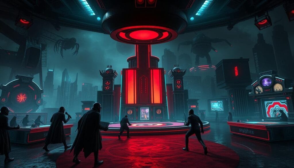 Dramatic, dystopian alternate versions of the Squid Game universe unfold in a series of surreal vignettes. In the foreground, contestants in sinister, stylized costumes engage in perilous new challenges, each with a distinct visual identity. The middle ground features ominous, architecturally-striking game arenas, with bold colors and dramatic lighting evoking a sense of unease. In the background, a nightmarish cityscape shrouded in mist and shadows hints at the broader societal forces at play. The overall mood is one of unsettling tension, blending the familiar Squid Game aesthetic with dark, imaginative twists.