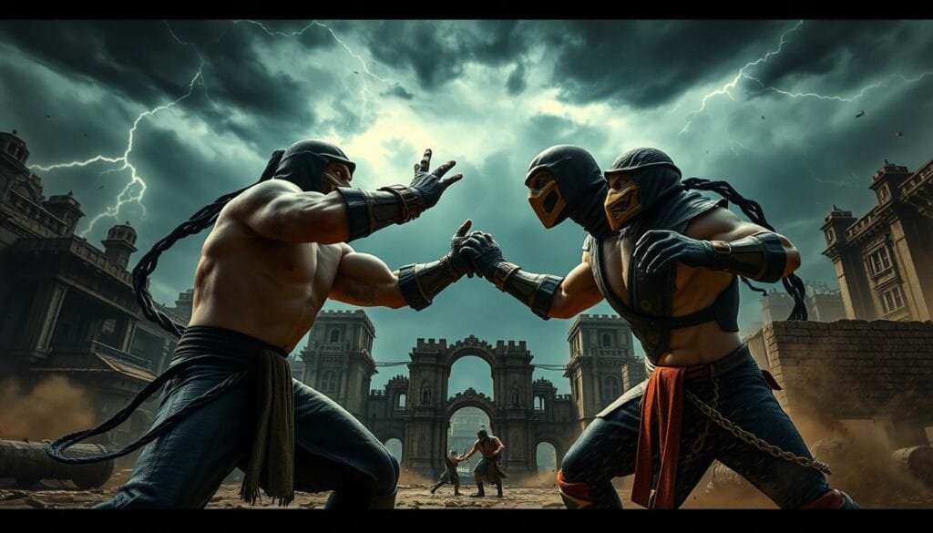 Dramatic epic battle between iconic Mortal Kombat warriors, captured in cinematic lighting. Foreground features two combatants locked in intense close-quarters combat, exchanging fierce blows and brutal moves. Middle ground shows the rugged, battle-scarred environment, with crumbling architecture and swirling dust. Background encompasses a dark, stormy sky, with ominous clouds and flashes of lightning. Convey a sense of high-stakes confrontation, raw power, and visceral, adrenaline-fueled action. Cinematic wide-angle perspective, using dramatic chiaroscuro lighting to highlight the dynamic poses and violent dynamism of the fighters.