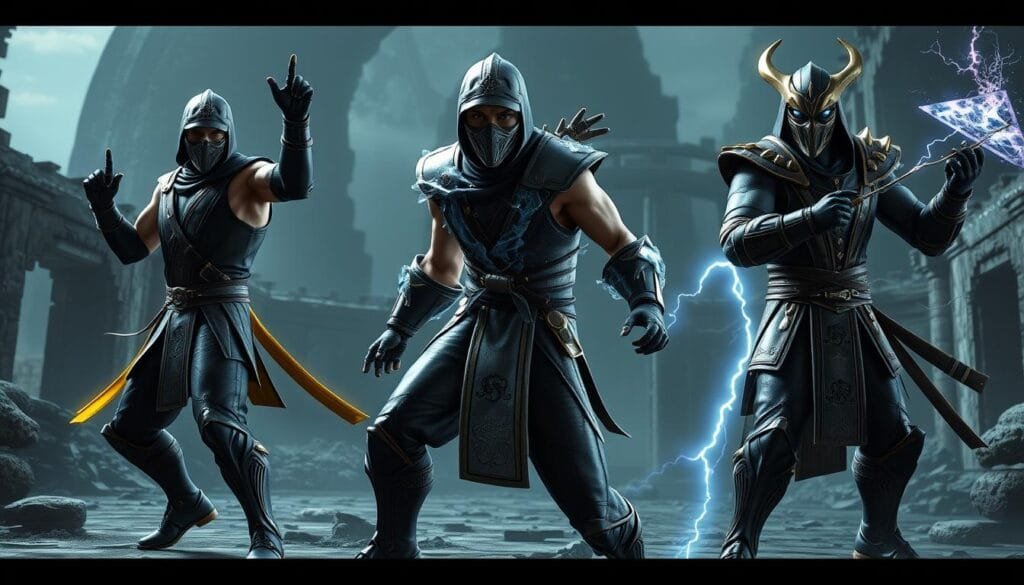 Dramatic, hyper-realistic 3D renders of alternate versions of iconic Mortal Kombat characters, in a dark, gritty, and cinematic style. Scorpion in a sleek, black ninja outfit with glowing yellow energy trails; Sub-Zero in an icy, crystalline exosuit; Raiden in a lightning-infused samurai armor. The characters posed in dynamic action sequences, set against a foreboding background of crumbling Outworld ruins, with moody lighting and deep shadows. Convey a sense of high-stakes combat and otherworldly mysticism, befitting the Mortal Kombat universe.