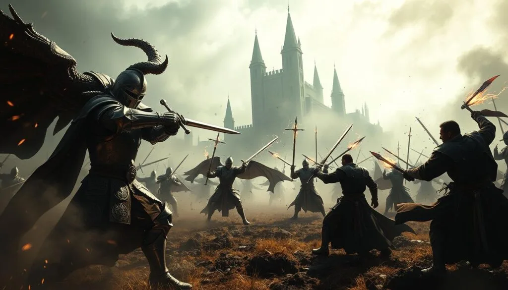 Dramatic medieval combat scene in Elden Ring: A fierce melee erupts on a fog-shrouded battlefield, with heavily armored knights and sorcerers wielding enchanted weapons and sorceries. In the foreground, a knight in ornate plate armor clashes with a towering, horned adversary, their blades ringing out as they exchange powerful blows. In the middle ground, mages in flowing robes unleash cascades of glowing magical projectiles, the air crackling with arcane energy. In the distant background, a grand, castle-like structure looms ominously, its spires piercing the swirling mist. The scene is bathed in dramatic, chiaroscuro lighting, with shafts of sunlight breaking through the haze and casting dramatic shadows. An atmosphere of high-stakes, fantastical conflict permeates the entire composition. Dramatic medieval combat scene in Elden Ring: A fierce melee erupts on a fog-shrouded battlefield, with heavily armored knights and sorcerers wielding enchanted weapons and sorceries. In the foreground, a knight in ornate plate armor clashes with a towering, horned adversary, their blades ringing out as they exchange powerful blows. In the middle ground, mages in flowing robes unleash cascades of glowing magical projectiles, the air crackling with arcane energy. In the distant background, a grand, castle-like structure looms ominously, its spires piercing the swirling mist. The scene is bathed in dramatic, chiaroscuro lighting, with shafts of sunlight breaking through the haze and casting dramatic shadows. An atmosphere of high-stakes, fantastical conflict permeates the entire composition.