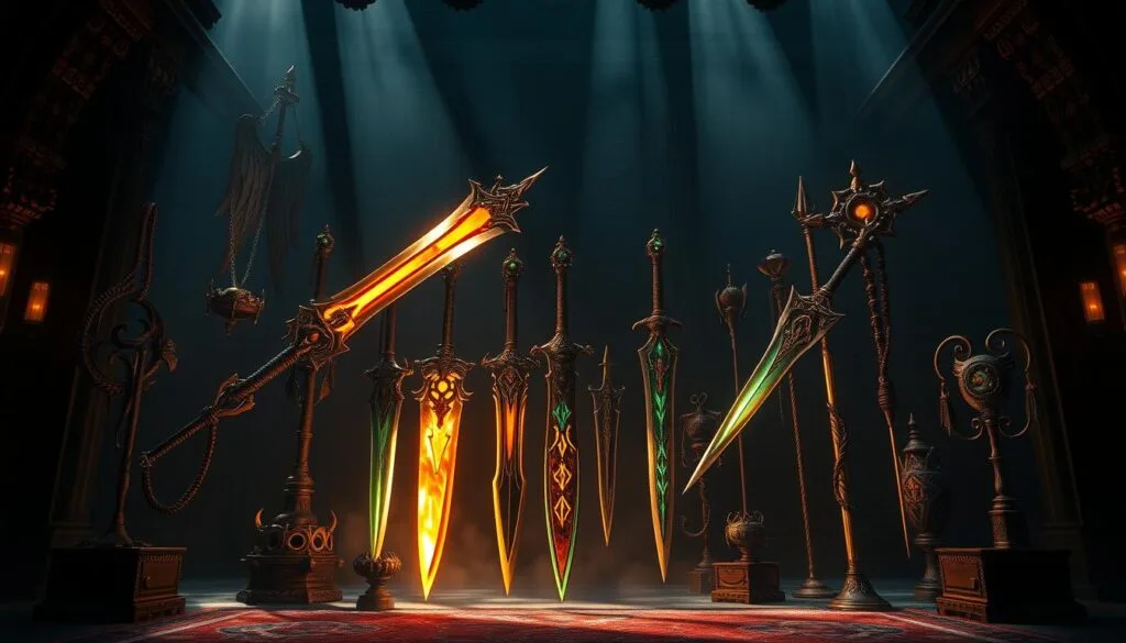 Dramatic mystic weapons and artifacts of Mortal Kombat, displayed in an ornate, moody setting. A striking array of legendary blades, staffs, and amulets levitating against a dimly lit, shadowy backdrop. Dramatic, high-contrast lighting casts dramatic chiaroscuro shadows, creating an ominous, foreboding atmosphere. The items are photographed from a low angle, lending them an imposing, powerful presence. Intricate, fantastical designs and glowing magical energy emanate from the artifacts, hinting at their hidden, otherworldly powers. A sense of mystery and ancient, arcane power permeates the scene.