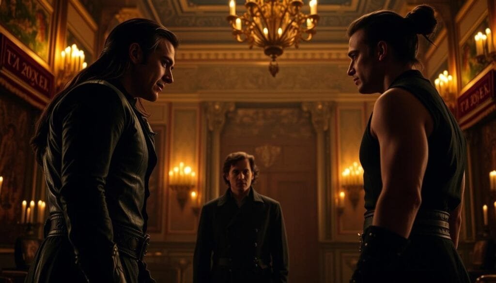 Dramatic scene from House of the Dragon: a palace interior bathed in warm candlelight, with high ceilings and ornate tapestries lining the walls. In the foreground, two characters engage in an intense confrontation, their expressions tense and their bodies in sharp contrast. The lighting casts dramatic shadows, heightening the emotional tension. In the middle ground, a third character observes the scene, their face reflecting a mix of concern and uncertainty. The background is slightly out of focus, suggesting a sense of isolation and the weight of the moment. The overall atmosphere is one of high drama, with a cinematic quality that captures the essence of the show.