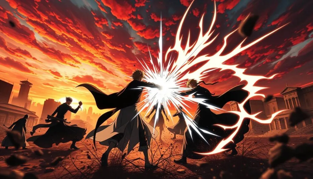 Dramatic wide-angle shot of an epic battle scene from the Bleach anime universe. In the foreground, the fierce clash of swords between two powerful Shinigami warriors, their spiritual energy clashing in brilliant displays of kido and zanpakuto techniques. In the middle ground, the towering silhouettes of iconic Bleach characters like Ichigo Kurosaki, Rukia Kuchiki, and Renji Abarai, frozen in dramatic poses amidst the chaos. The background filled with the crumbling cityscape of Karakura Town, bathed in the vibrant hues of a sunset sky, creating a moody, cinematic atmosphere. Dramatic lighting and camera angles to emphasize the scale and intensity of the confrontation.