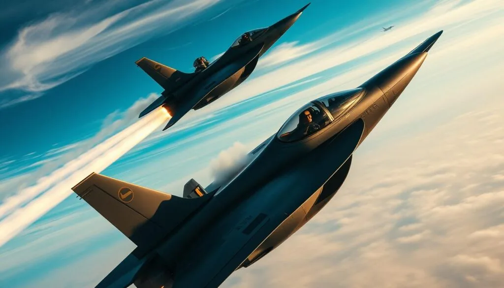 Dynamic compositions of pilots and aircraft in high-speed aerial maneuvers, captured with cinematic lighting and dramatic camera angles. Tight cockpit shots showcasing the intense focus of the pilots, intercut with sweeping vistas of sleek fighter jets slicing through the sky, leaving contrails in their wake. Scenes of afterburners igniting, sending plumes of fire and vapor billowing behind the aircraft as they climb, dive, and bank through the air. The mood is thrilling, adrenaline-fueled, with a sense of raw power and skilled precision. This dynamic interplay between man and machine, unfolding against a backdrop of vibrant blue skies and wispy clouds, embodies the spirit of aerial combat.
