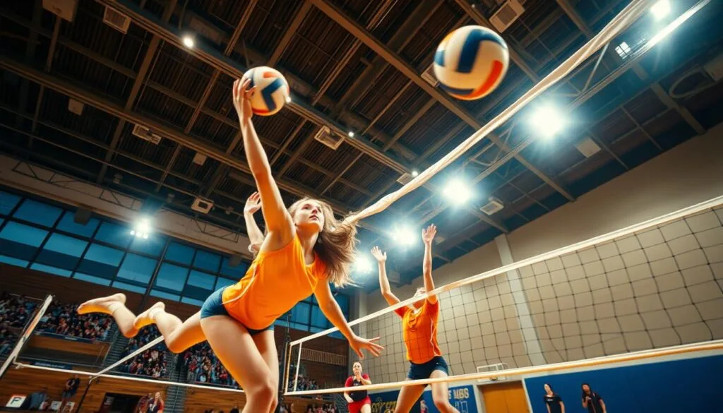 Dynamic volleyball court action scene: High-energy match in a well-lit indoor gymnasium, with players in mid-leap spiking and diving for the ball. Dramatic, low-angle camera perspective captures the intensity of the players' expressions and the ball's movement through the air. Vibrant colors, dynamic motion blur, and a sense of depth and scale convey the fast-paced, competitive atmosphere of a championship volleyball game.