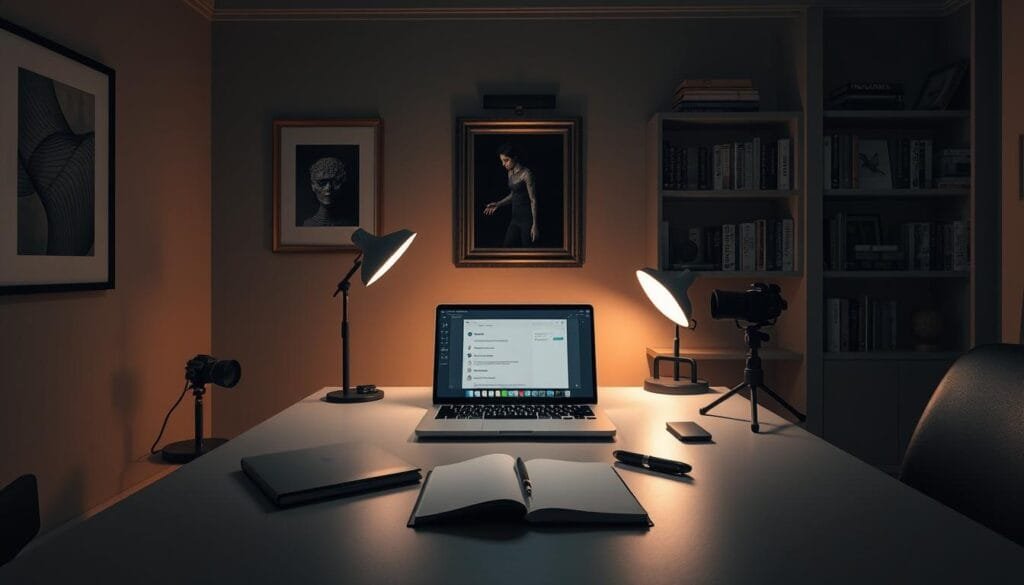 Elegant and refined illustration of advanced prompt engineering techniques. A dimly lit office scene, with a sleek desk and a MacBook displaying a Stable Diffusion interface. On the desk, a notebook and a pen, along with a strategically placed camera and lighting equipment. The walls are adorned with framed artwork and shelves lined with books on AI, computer science, and digital art. Soft, warm lighting casts an intellectual, contemplative atmosphere. The overall composition conveys the idea of a seasoned prompt engineer meticulously crafting high-quality, impactful images through the use of sophisticated prompting methods.