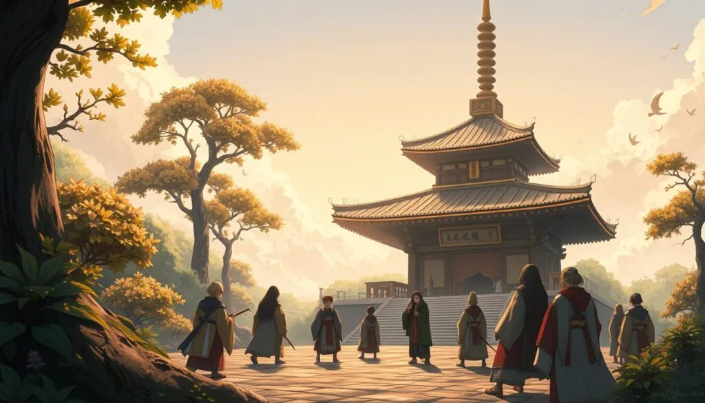 Elementos shinto en ilustraciones de Demon Slayer: Una escena majestuosa con un santuario shinto tradicional como punto focal, rodeado de una vegetación exuberante y un cielo despejado. En primer plano, figuras esculturales de personajes de Demon Slayer, envueltos en sus icónicos atuendos, realizan rituales y plegarias ante el santuario. La luz cálida y suave crea un ambiente sereno y espiritual, reflejando la armonía entre las tradiciones japonesas y el universo de Demon Slayer. Detalles minuciosos en los diseños, texturas y sombras evocan la maestría artística y la riqueza cultural de esta ilustración.