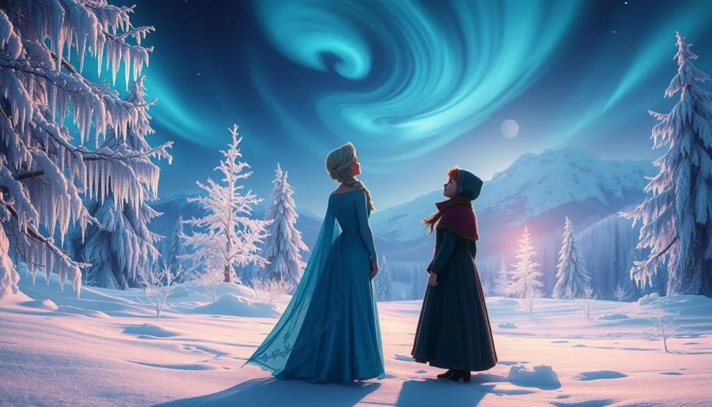Elsa and Anna standing in a magical, snow-covered landscape. Elsa wearing her signature ice blue dress, with flowing cape and gloves, gazing up at the swirling aurora borealis in the night sky. Anna beside her, bundled in a warm winter cloak, her hair tucked under a cozy hood. Glittering icicles and intricate frost patterns covering the trees and ground around them. Soft, warm lighting illuminating the scene, giving a dreamlike, enchanted atmosphere. The sisters in the foreground, with a majestic, snow-capped mountain range in the distant background. Cinematic, wide-angle composition capturing the grandeur of the magical Arendelle landscape. Elsa and Anna standing in a magical, snow-covered landscape. Elsa wearing her signature ice blue dress, with flowing cape and gloves, gazing up at the swirling aurora borealis in the night sky. Anna beside her, bundled in a warm winter cloak, her hair tucked under a cozy hood. Glittering icicles and intricate frost patterns covering the trees and ground around them. Soft, warm lighting illuminating the scene, giving a dreamlike, enchanted atmosphere. The sisters in the foreground, with a majestic, snow-capped mountain range in the distant background. Cinematic, wide-angle composition capturing the grandeur of the magical Arendelle landscape.