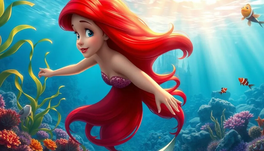 Enchanting digital art of "The Little Mermaid", Ariel, swimming gracefully through a vibrant underwater world. Sunlight filters through the crystal-clear waters, casting a warm, ethereal glow. Intricate details of Ariel's flowing red hair, iridescent tail, and delicate features are rendered with exceptional realism. Surrounding her, a lush seascape with swaying kelp, colorful coral, and curious marine life. In the distant background, a majestic palace towers, hinting at the magical realm of Atlantica. The overall composition conveys a sense of wonder, tranquility, and the boundless imagination of the classic mermaid tale.