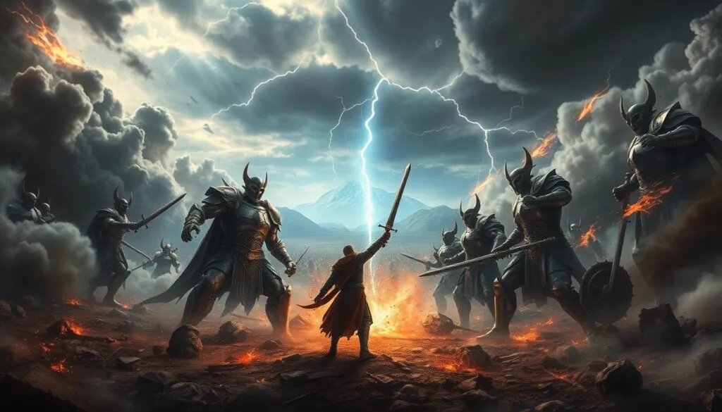 Epic Battles: A Colossal Clash of Might and Fury A sprawling battlefield, shrouded in billowing smoke and charged with the crackle of lightning. Towering warrior figures, adorned in gleaming armor, engage in a titanic struggle, their weapons clashing with bone-shaking force. In the foreground, a lone hero stands resolute, sword raised high, their determined gaze piercing through the chaos. Cascading around them, ethereal energies swirl and converge, igniting the very air with the intensity of their conflict. The sky above is a maelstrom of ominous storm clouds, casting dramatic shadows that accentuate the epic scale of the confrontation. Distant mountains loom in the background, a serene yet foreboding presence, bearing witness to this clash of titans. A sense of awe-inspiring grandeur and unrelenting power permeates the entire scene, capturing the essence of "batallas épicas" in all its cinematic glory.