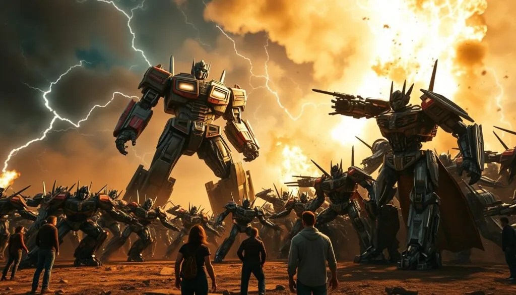 Epic Transformers battle scene: A towering Autobot titan, its armor glowing with an inner power, stands resolute against a horde of snarling, metallic Decepticon adversaries. The ground trembles beneath their colossal clash, as bolts of energy crackle through the smoky, auroral skies. In the foreground, human onlookers gaze up in awe, dwarfed by the titanic robotic combatants. Dramatic, cinematic lighting illuminates the dynamic, high-contrast action, captured from a low, dynamic angle that emphasizes the scale and intensity of the epic confrontation. An unforgettable moment of Transformers lore, rendered in vivid, realistic detail. Epic Transformers battle scene: A towering Autobot titan, its armor glowing with an inner power, stands resolute against a horde of snarling, metallic Decepticon adversaries. The ground trembles beneath their colossal clash, as bolts of energy crackle through the smoky, auroral skies. In the foreground, human onlookers gaze up in awe, dwarfed by the titanic robotic combatants. Dramatic, cinematic lighting illuminates the dynamic, high-contrast action, captured from a low, dynamic angle that emphasizes the scale and intensity of the epic confrontation. An unforgettable moment of Transformers lore, rendered in vivid, realistic detail.