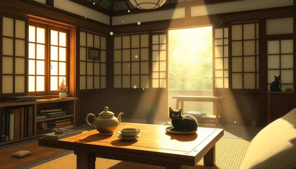 Escena de interior de una casa tradicional japonesa con elementos mágicos estilo Ghibli Escena de interior de una casa tradicional japonesa con elementos mágicos estilo Ghibli