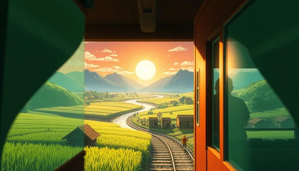Escena de viaje en tren con paisaje rural estilo Ghibli Escena de viaje en tren con paisaje rural estilo Ghibli