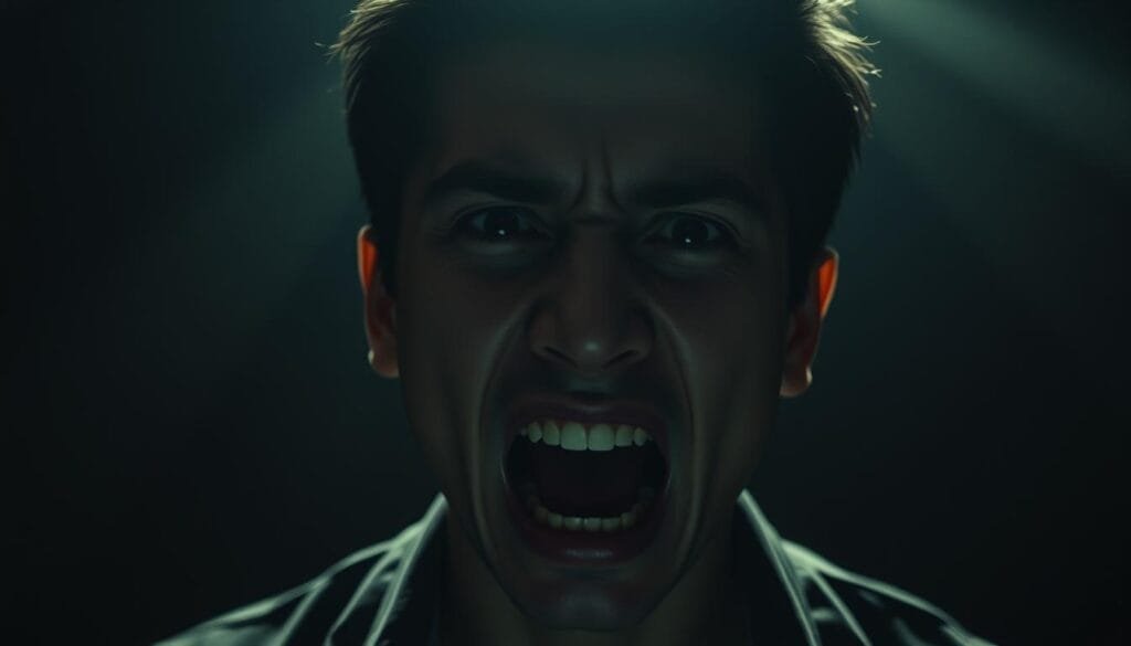 Escena dramática y emocionalmente cargada de Chainsaw Man. Primer plano de Denji, el protagonista, con una expresión de angustia y dolor en su rostro. Sus ojos están llorosos y su boca entreabierta, como si gritara. Detrás de él, un fondo oscuro y tenebroso, con sombras alargadas que crean una atmósfera inquietante y cargada de tensión. La iluminación es tenue y dramática, con juegos de luces y sombras que acentúan los rasgos faciales de Denji y transmiten la intensidad emocional de la escena. Composición y encuadre cuidados, con una perspectiva que sumerge al espectador en la mirada desesperada del personaje. Todo ello, para capturar la esencia del título "Generando fan art de momentos emotivos y dramáticos" del artículo sobre Chainsaw Man. Escena dramática y emocionalmente cargada de Chainsaw Man. Primer plano de Denji, el protagonista, con una expresión de angustia y dolor en su rostro. Sus ojos están llorosos y su boca entreabierta, como si gritara. Detrás de él, un fondo oscuro y tenebroso, con sombras alargadas que crean una atmósfera inquietante y cargada de tensión. La iluminación es tenue y dramática, con juegos de luces y sombras que acentúan los rasgos faciales de Denji y transmiten la intensidad emocional de la escena. Composición y encuadre cuidados, con una perspectiva que sumerge al espectador en la mirada desesperada del personaje. Todo ello, para capturar la esencia del título "Generando fan art de momentos emotivos y dramáticos" del artículo sobre Chainsaw Man.