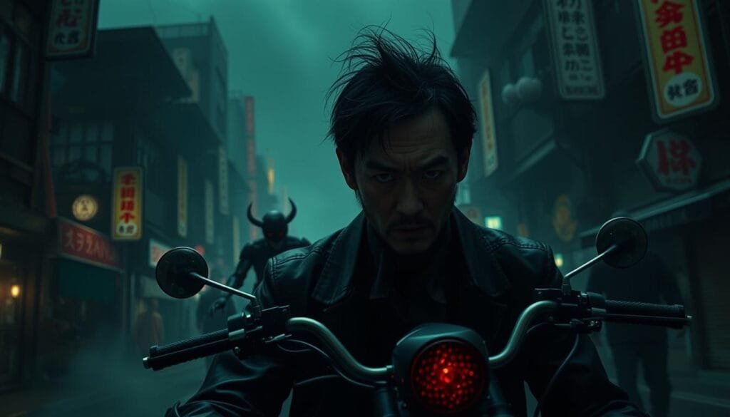 Escenario siniestro y sangriento del universo Chainsaw Man. Una oscura ciudad nipona, con altos rascacielos, calles húmedas y neblina envolvente. En primer plano, Denji, el protagonista híbrido hombre-motosierra, con una mirada intensa y un poder demoniaco desbordante. Detrás, figuras aterradoras y deformes, siluetas de criaturas sobrenaturales y demonios que acechan en las sombras. Iluminación tenue, con juegos de luces y sombras que crean una atmósfera tenebrosamente cautivadora. Cámara ligeramente en picado, con una perspectiva que atrapa la magnitud del escenario y la imponencia del personaje principal. Escenario siniestro y sangriento del universo Chainsaw Man. Una oscura ciudad nipona, con altos rascacielos, calles húmedas y neblina envolvente. En primer plano, Denji, el protagonista híbrido hombre-motosierra, con una mirada intensa y un poder demoniaco desbordante. Detrás, figuras aterradoras y deformes, siluetas de criaturas sobrenaturales y demonios que acechan en las sombras. Iluminación tenue, con juegos de luces y sombras que crean una atmósfera tenebrosamente cautivadora. Cámara ligeramente en picado, con una perspectiva que atrapa la magnitud del escenario y la imponencia del personaje principal.